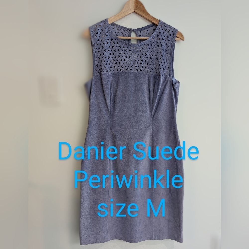 Danier Periwinkle Blue Suede Sheath Dress With Lazer Cut Out Design Size M